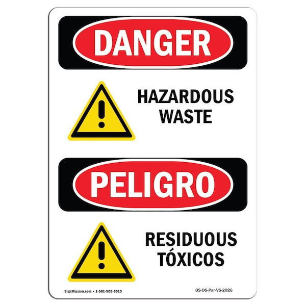 Safety Sign, OSHA Danger, 5" Height, Residuos Toxicos, Bilingual Spanish, 10PK